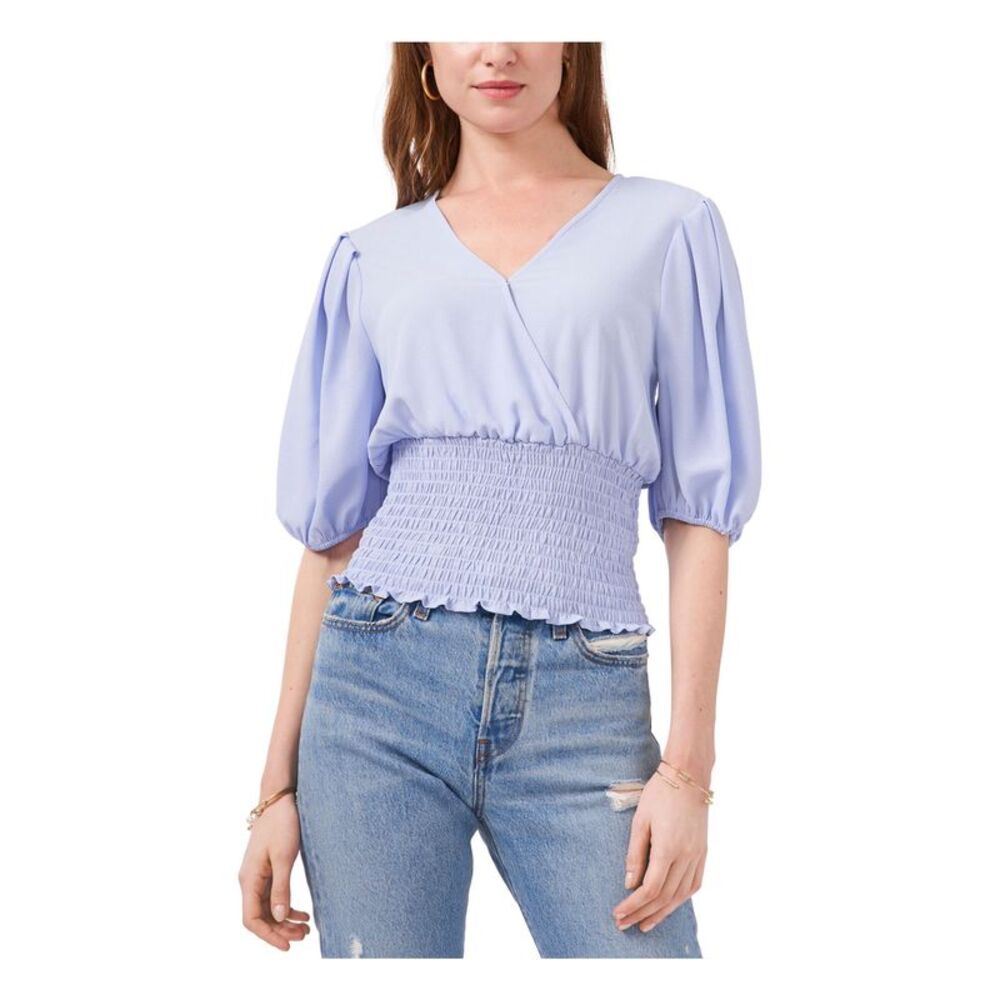 1. STATE Womens Light Blue Stretch Smocked Pouf Sleeve Surplice Neckline Top XL